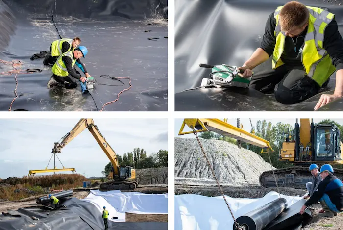 Werkzaamheden aan het vervangen van folie in een slibbassin bij Groba Groep in Harlingen met inzet van machines en montageploeg.