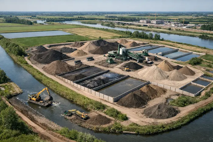 Grondbank met gescheiden grondstromen en waterbassins