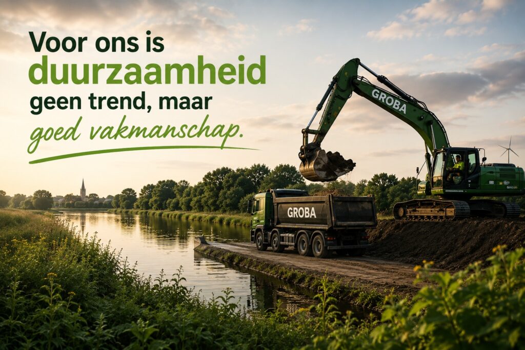 Illustratie van duurzaam werken bij Groba Groep met grondverzet, verantwoord omgaan met de leefomgeving en de slogan: "Voor ons is duurzaamheid geen trend, maar goed vakmanschap"