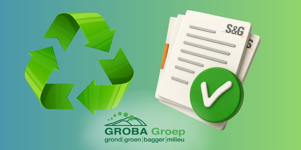 Omgevingsvergunning Natwasser – S&G | Groba Groep - Groba Groep - Groba Groep Illustratie van documenten met het S&G-logo, een groen vinkje en een recyclingsymbool bij de omgevingsvergunning voor de Natwasser in Harlingen